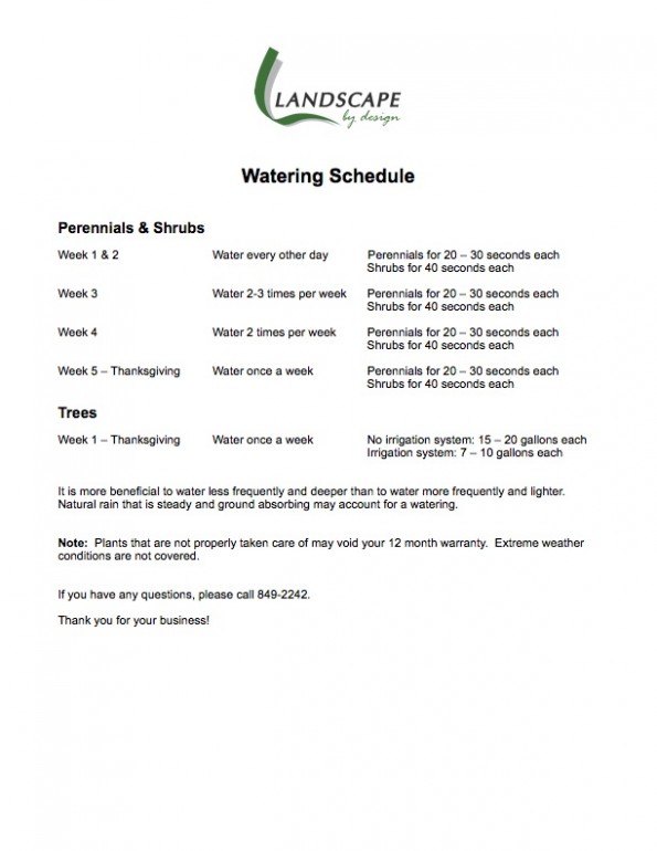 Watering Schedule Landscape by Design